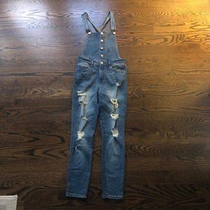 AEROPOSTALE Distressed Light Blue Denim Button Front Bib Overalls - Size Medium